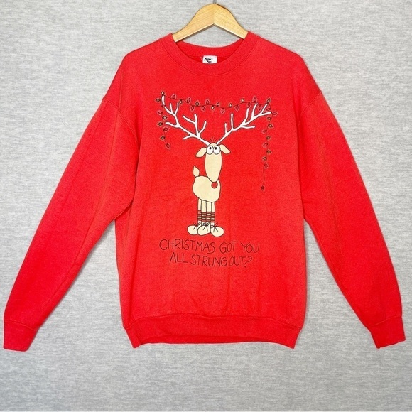 Vintage Christmas Sweatshirt Size L Reindeer Ugly Strung Out Lights 90s Made USA - Picture 1 of 8